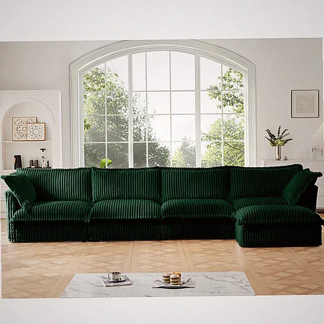 4-Seater L-Shape Sectional Sofa Deep Seat with 2 Pillows, Corduroy Green