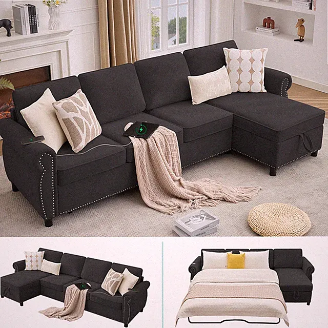 4-Seater L-Shape Sleeper Sofa w/ Pull-Out Bed & USB Charging, Grey