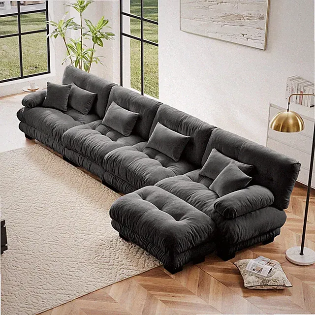 4-Seater L-Shaped Modular Sectional Sofa with Ottoman, Chenille Gray Cloud Couch