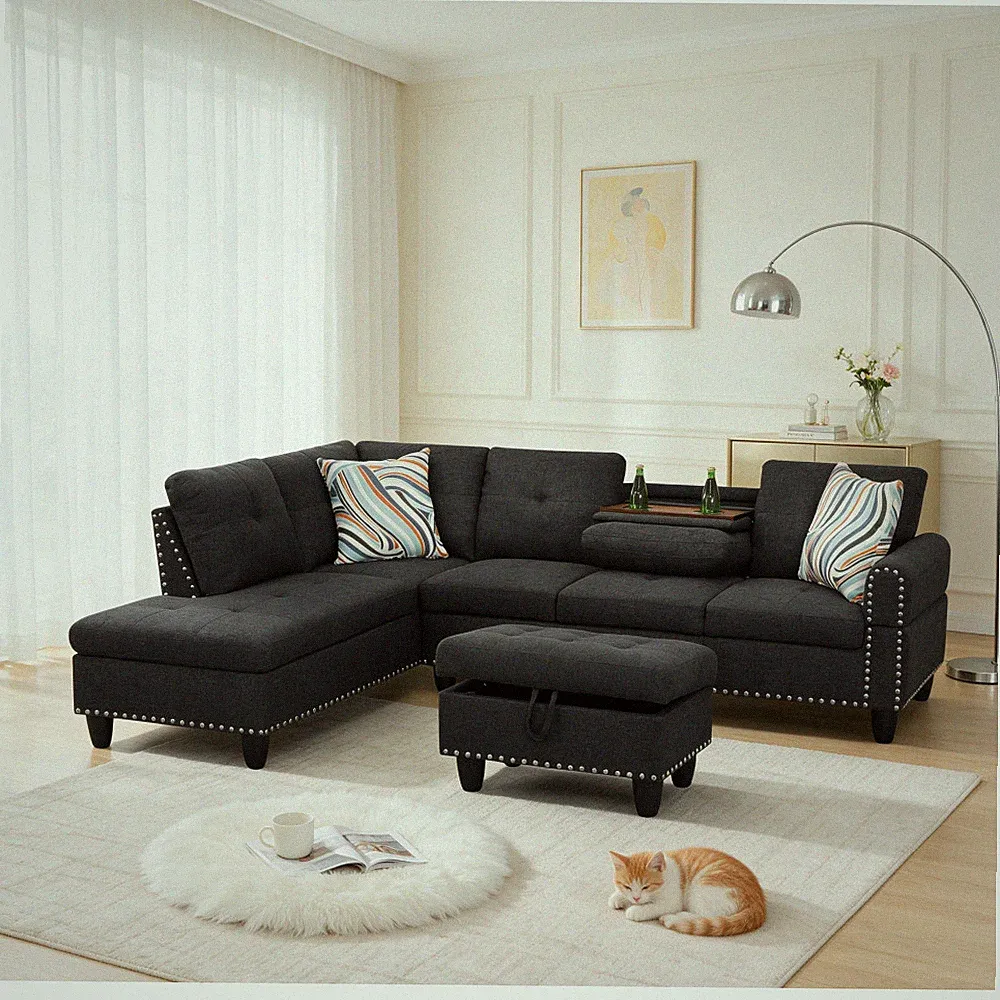 4 Seater L-Shaped Sectional Sofa Couch w/Ottoman Tufted Living Room Apartment