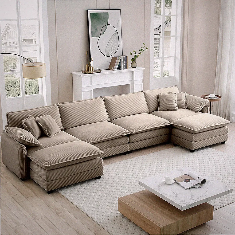 4 Seater Large Couch, U Shape Sectional Sofa with Ottomans, Camel