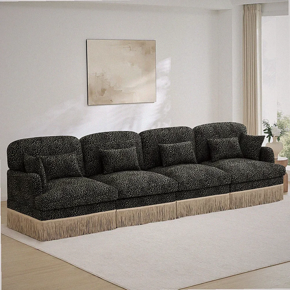 4-Seater Leopard Print Chenille Sofa, Modular Sectional Couch w/ Tassels