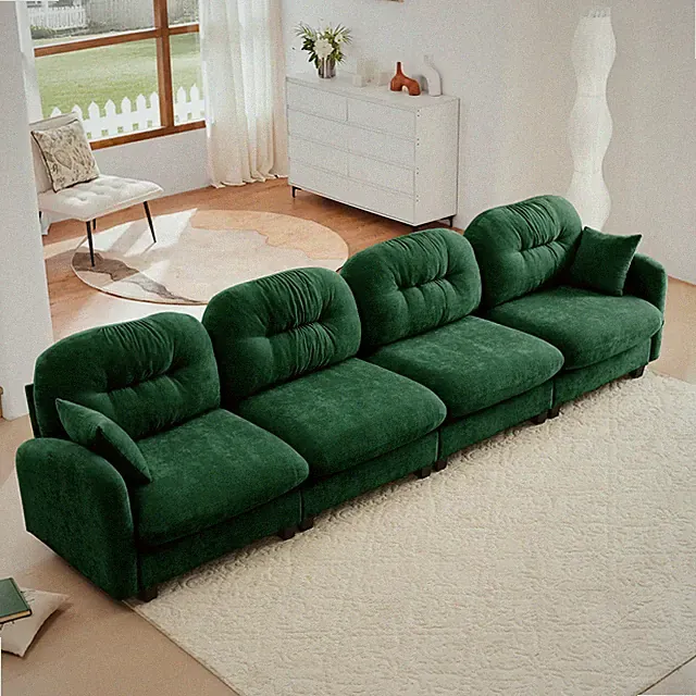 4-Seater Modular Sectional Cloud Couch with Quilted Pleated Design Green