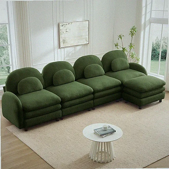 4-Seater Modular Sectional Sofa w/ Ottoman, Curved Backrest, Green Teddy Fabric