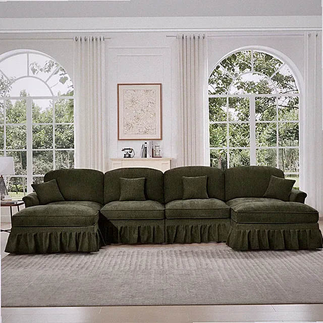 4-Seater Modular Sofa w/ Flared Arms, Removable Ruffles Skirts, Green, Unbranded