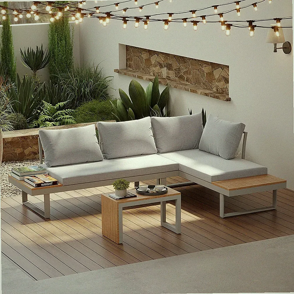 4-Seater Outdoor Teak Sectional Sofa Set, Variable Patio Furniture with Cushions
