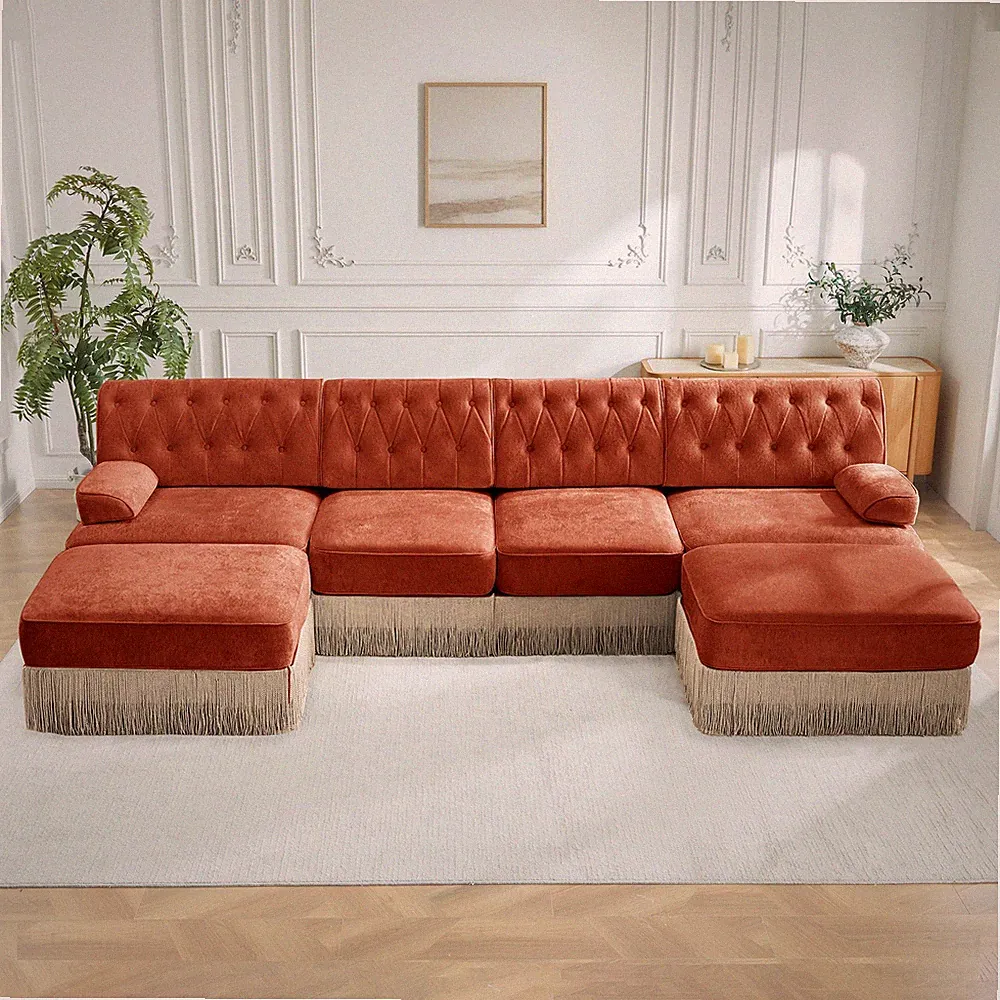 4-Seater Sectional Sofa with 2 Ottomans, Tufted Velvet Red Brown