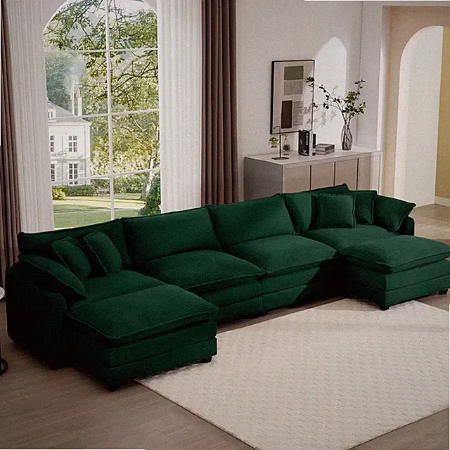 4-Seater Sectional Sofa with Three Matching Corduroy Ottomans Green