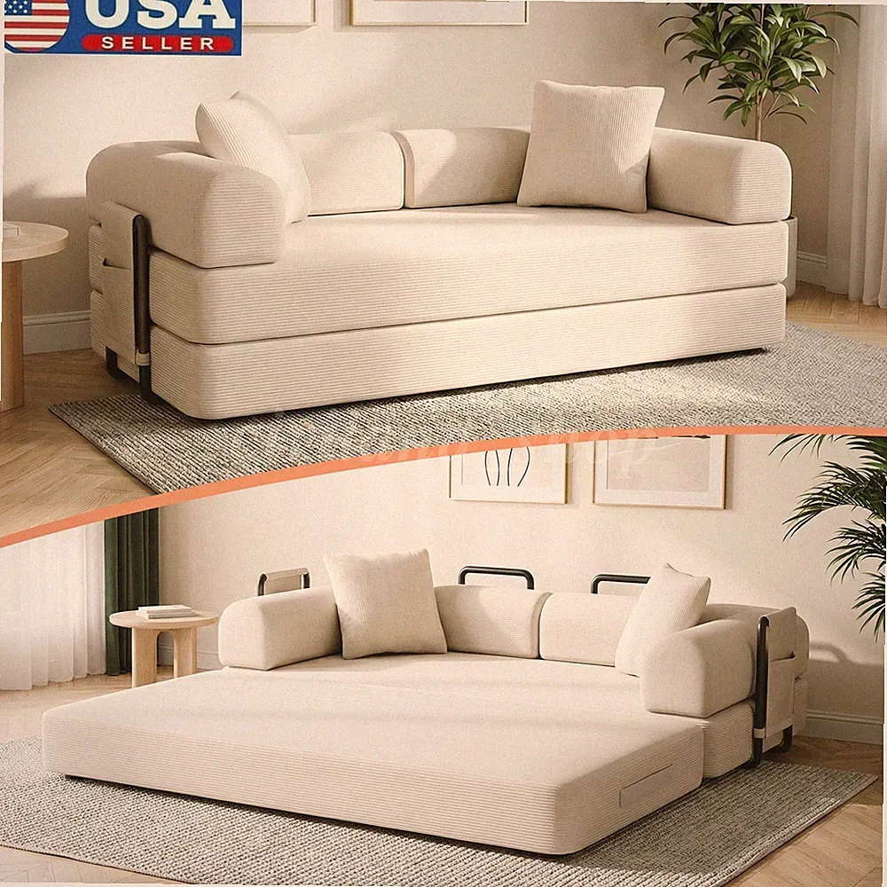 4 Seater Sleeper Sofa Bed Couch Convertible Pull-Out Bed + Side Pockets Washable