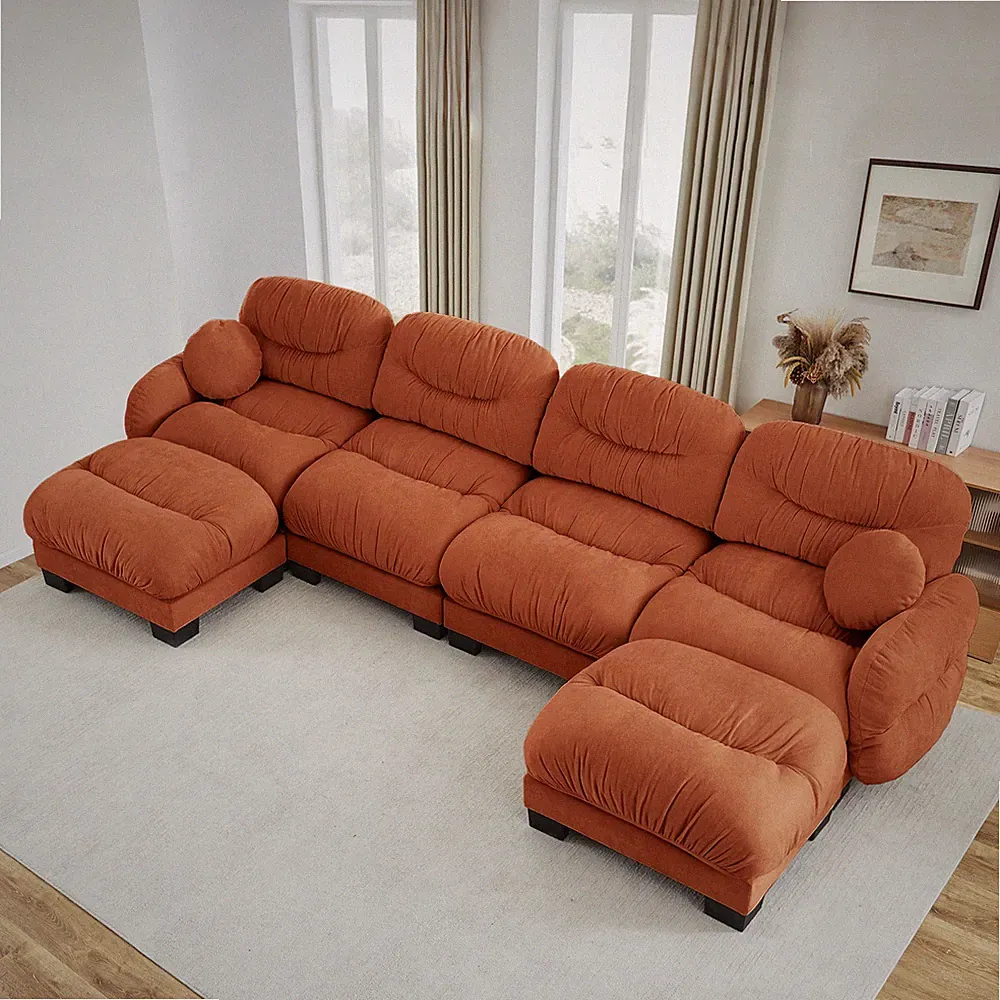 4 Seater U-Shape Modular Sectional Sofa w/ Ottoman, Chenille Fabric, Orange