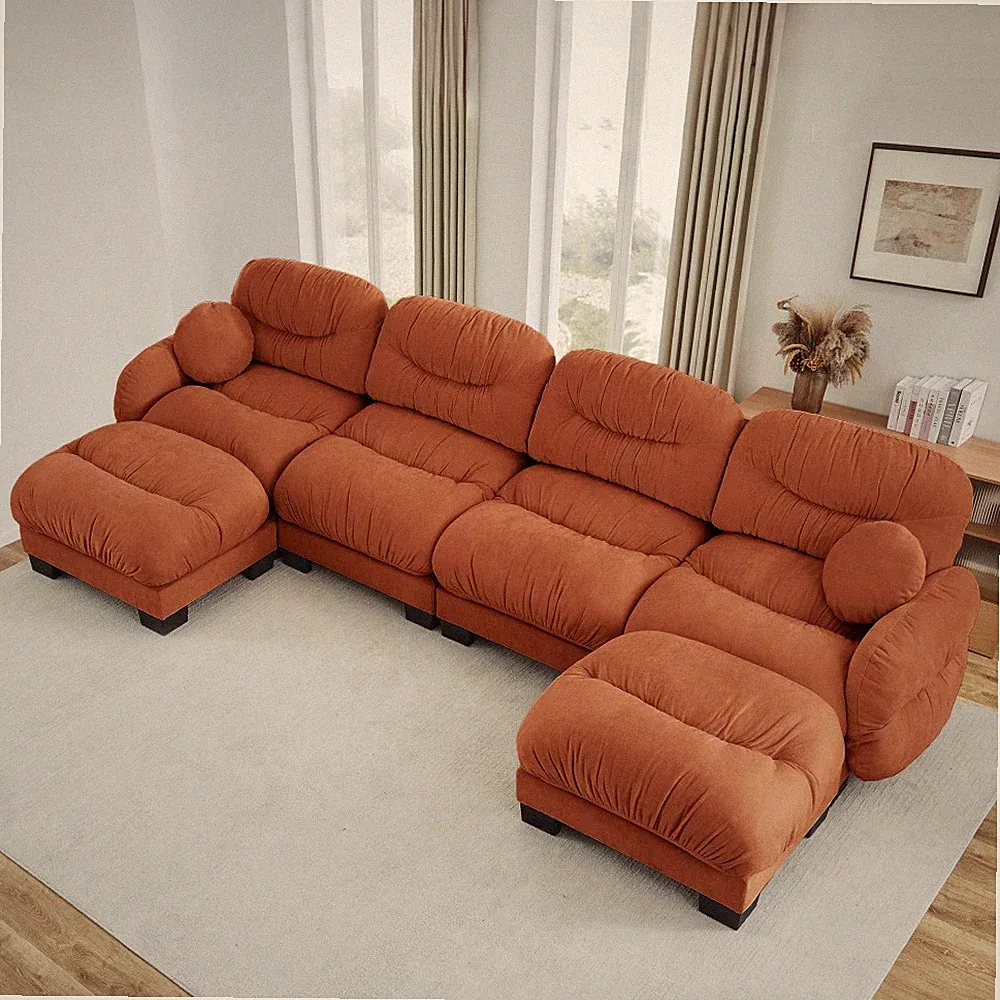4 Seater U-Shape Sectional Sofa with 2 Ottomans and Orange Chenille
