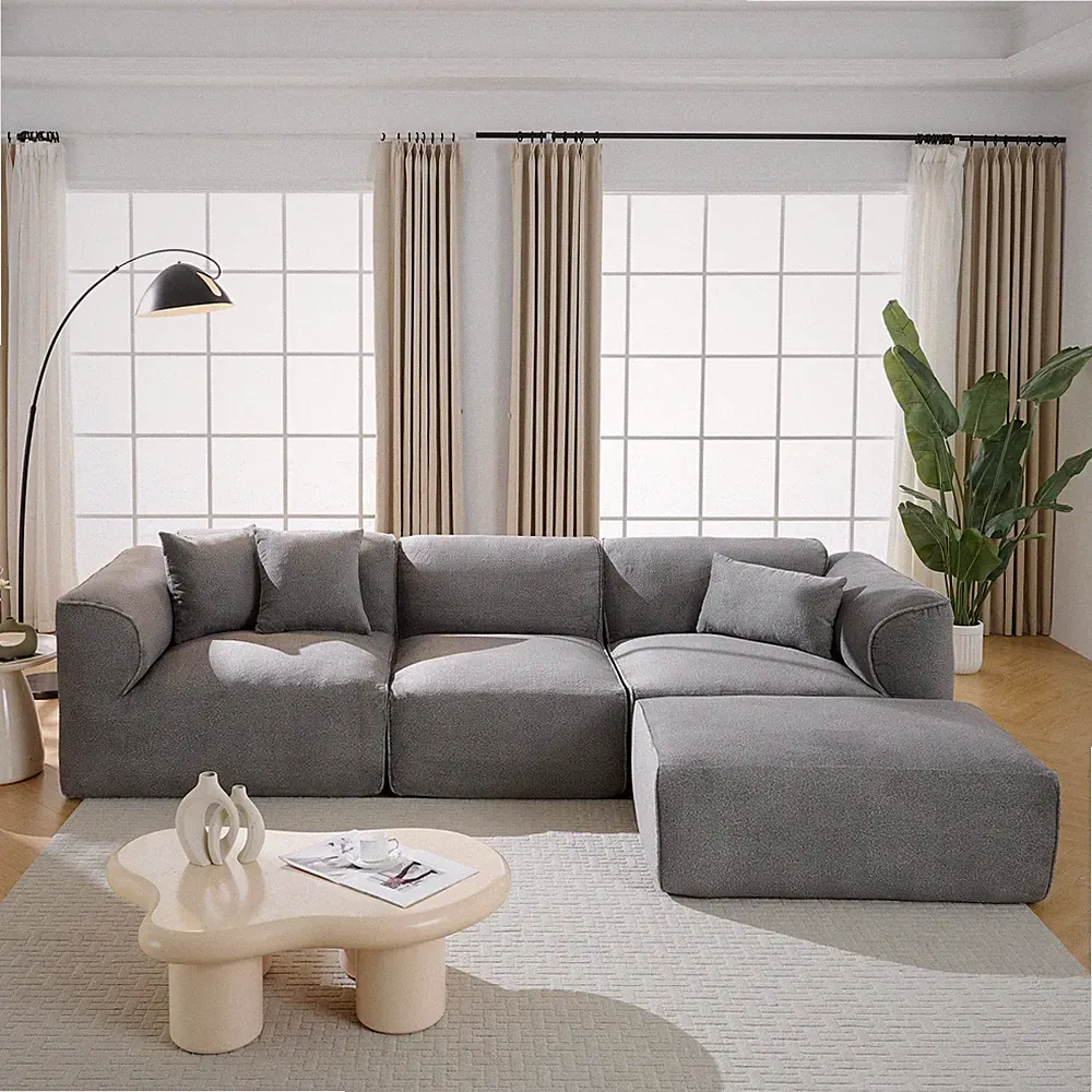 4-Seater U-Shape Sectional Sofa with Ottoman, Gray Velvet, 122.1" L