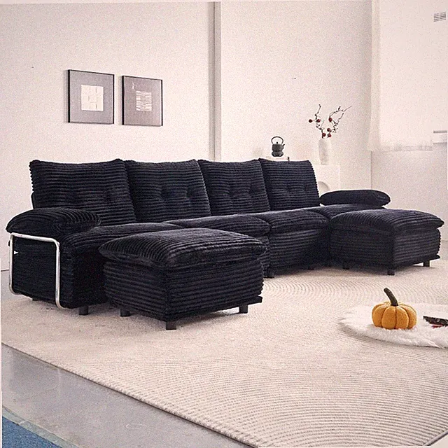 4-Seater U-Shape Sectional Sofa with Ottomans, Corduroy Fabric, Black