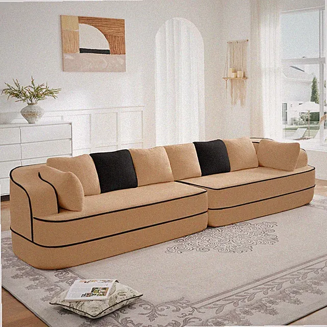 4 Seater Wide Armrest Boneless Sofa Compressed Couch Teddy Fabric Camel