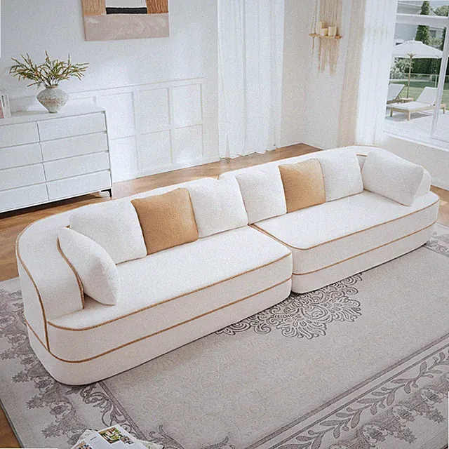4 Seater Wide Armrest Boneless Sofa Compressed Couch Teddy Fabric White