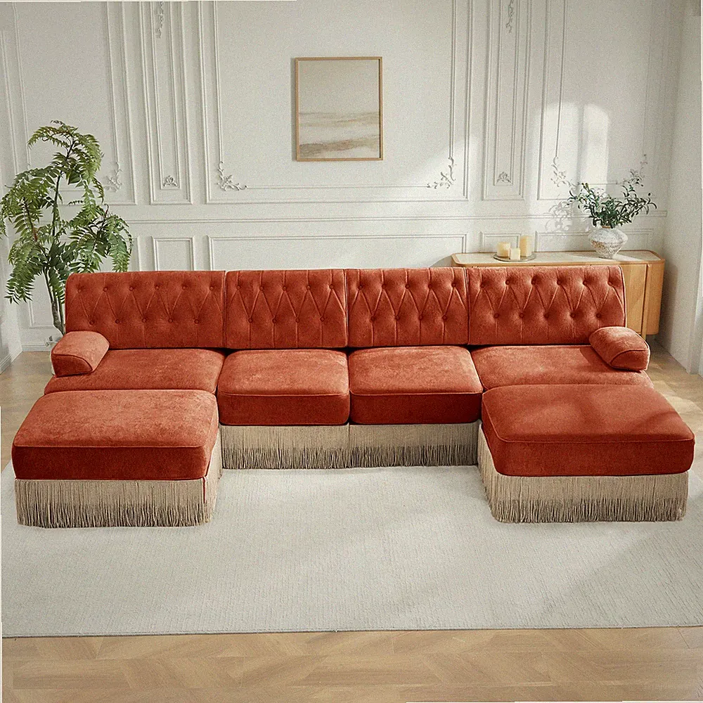 4-Seater with 2 Ottomans Cloud Modular Sectional,Tassel Skirt,Button Tufted D