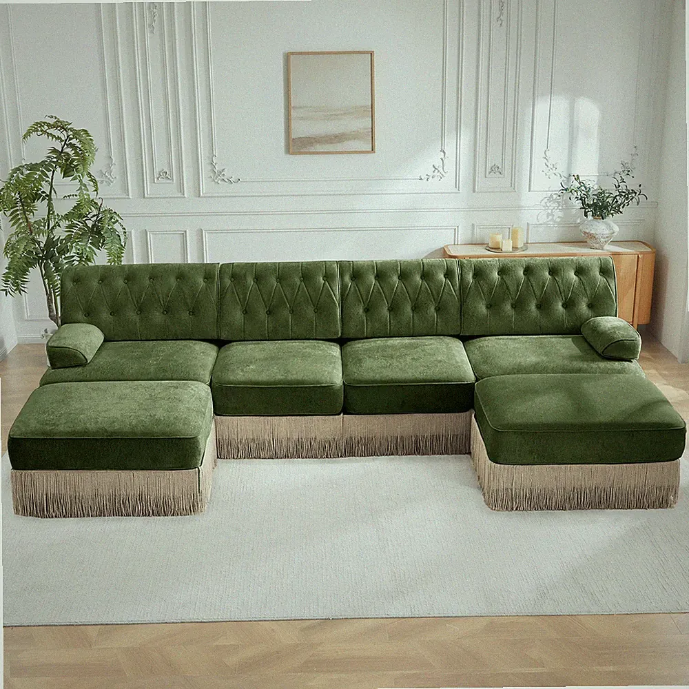 4-Seater with 2 Ottomans Cloud Modular Sectional,Tassel Skirt,Button Tufted De