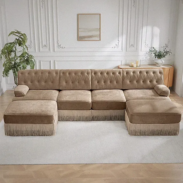 4-Seater with 2 Ottomans Cloud Modular Sectional,Tassel Skirt,Button Tufted Des
