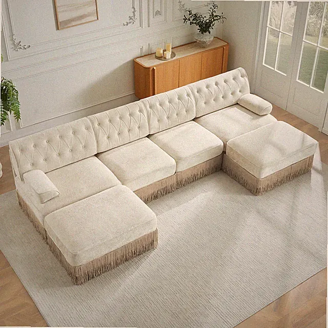 4-Seater with 2 Ottomans Cloud Modular Sectional,Tassel Skirt,Button Tufted Desi