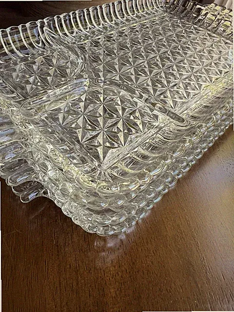 4 Vintage 3-Section Tray Crystal Diamond Cut Design Luncheon/Sushi Dish