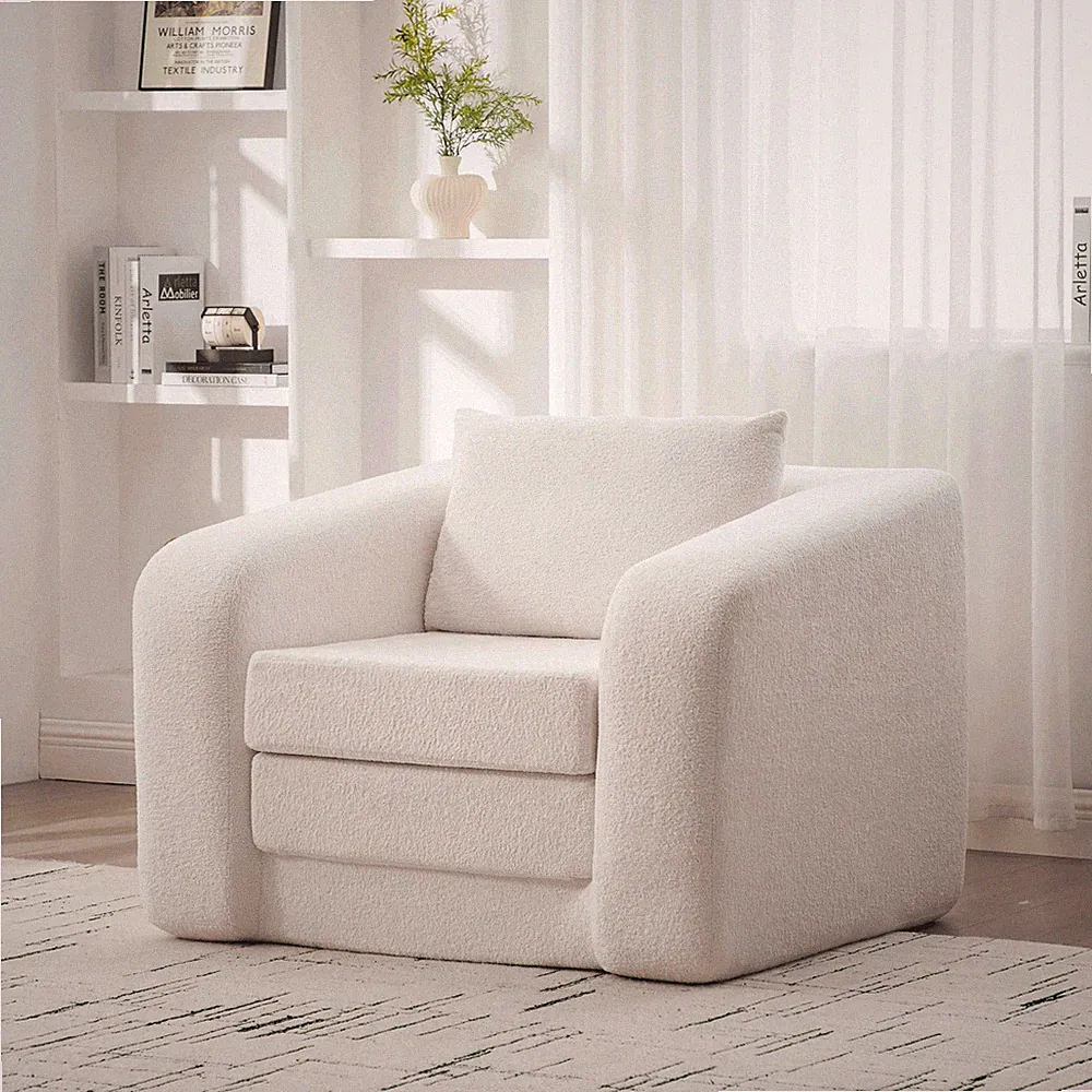 40" Foldable Single Sofa Bed with Armrest & Backrest, Ivory Chenille