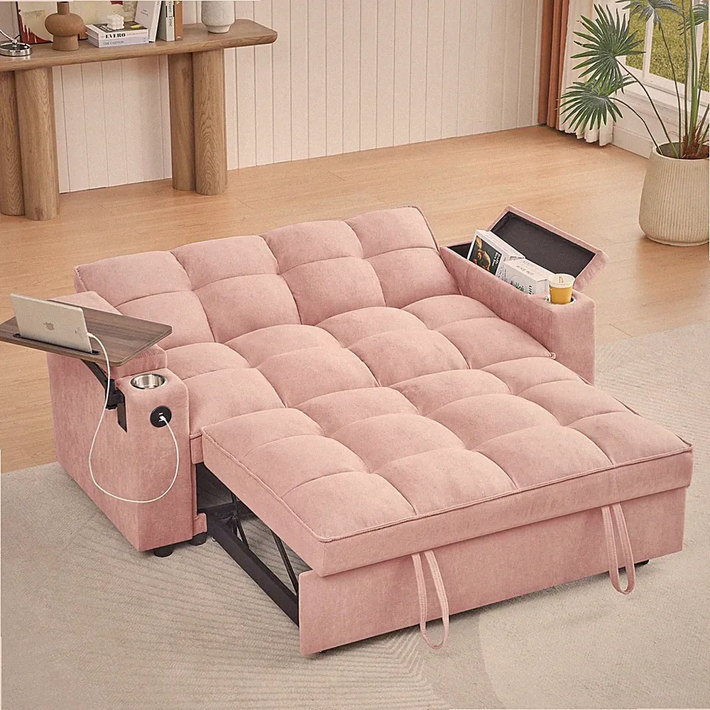 41.7" Boucle Chaise Lounge Sofa Bed Adjustable Deep for Seat Storage Swivel Tabl