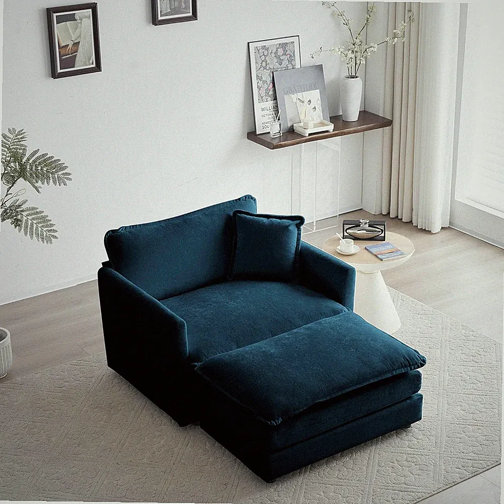 41" Blue Chenille Modular Sectional Sofa with Ottoman & Pillow for Living Room