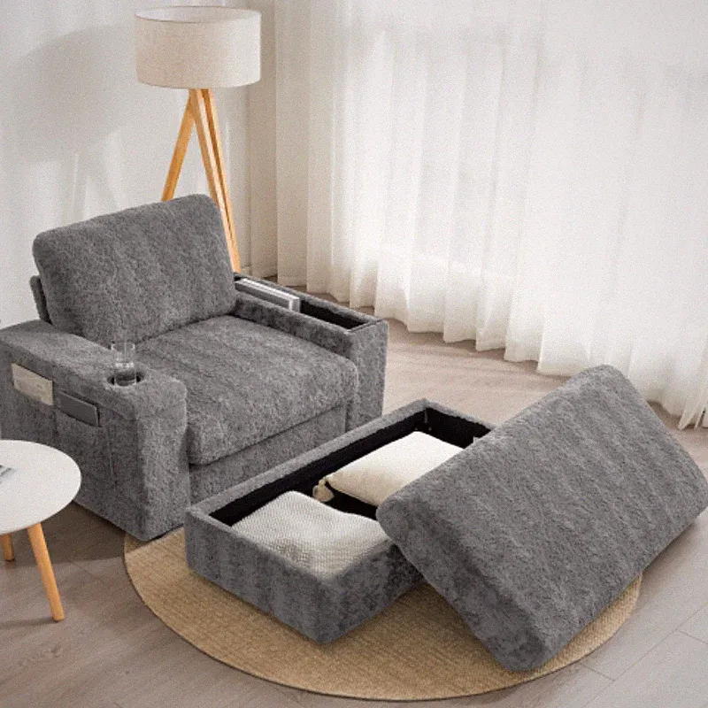 42" Chaise Indoor,Faux Rabbit Fur Sofa Bed Cup Holders,Upholstered Sleeper Chair