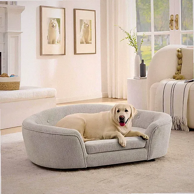 42" Oversized Beige Dog Sofa Bed with Tufted Backrest and Semi-Enclosed Design