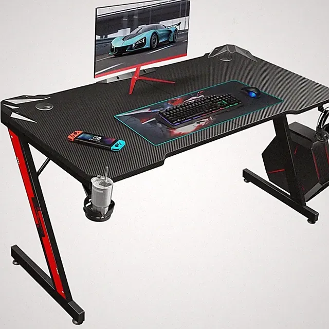 44" Black Z-Shaped Gaming Desk with Cup Holder