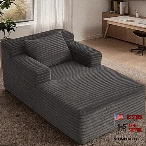 45" Mini Boneless Chaise Lounge Chair, Corduroy Upholstered Sofa Bed, Deep Grey