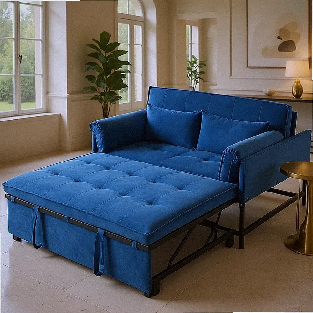 46" Modern Velvet Futon Sofa Bed Navy Pull-Out 5-Angle Loveseat Reclining