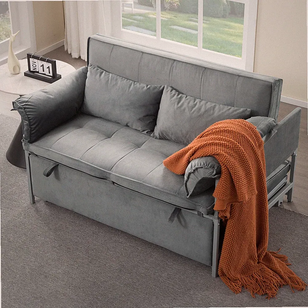 46" Velvet Sleeper Sofa Bed Twin Size Pull-Out Reclining Back 5 Angle Recline