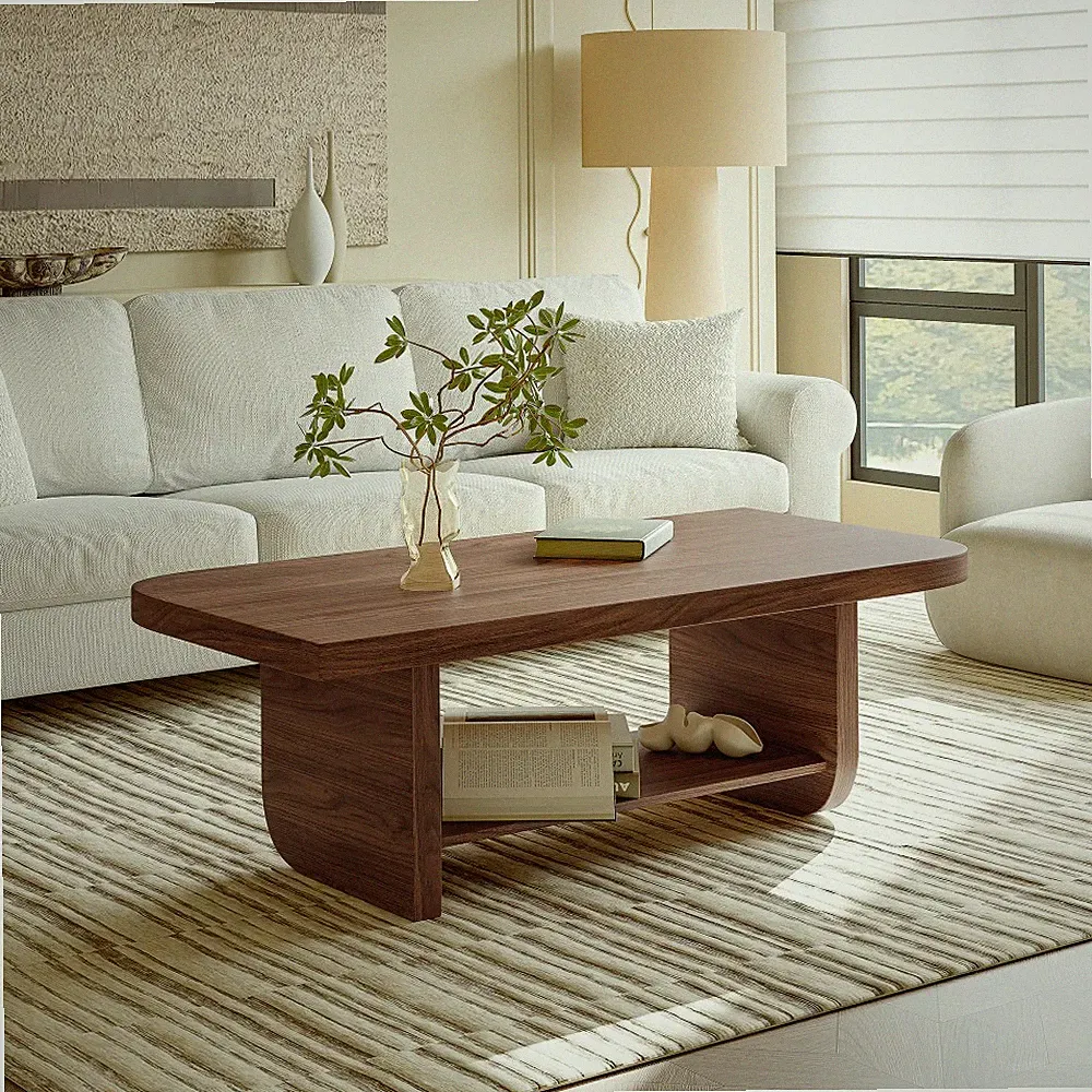 47.2" Fan-Shaped Coffee Table with Shelf, Walnut Mid-Century Modern