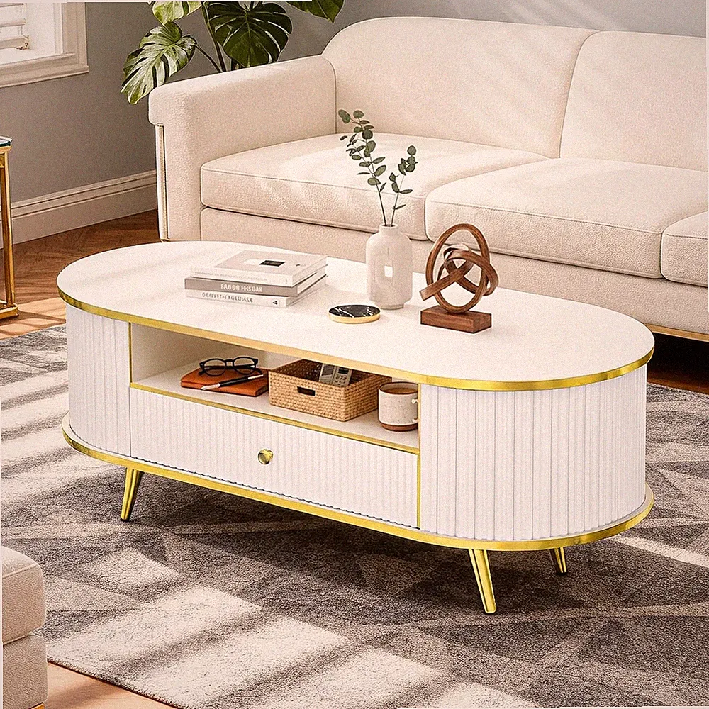 47" Fluted Coffee Table with LED Lights Modern Oval Center Table with Drawers