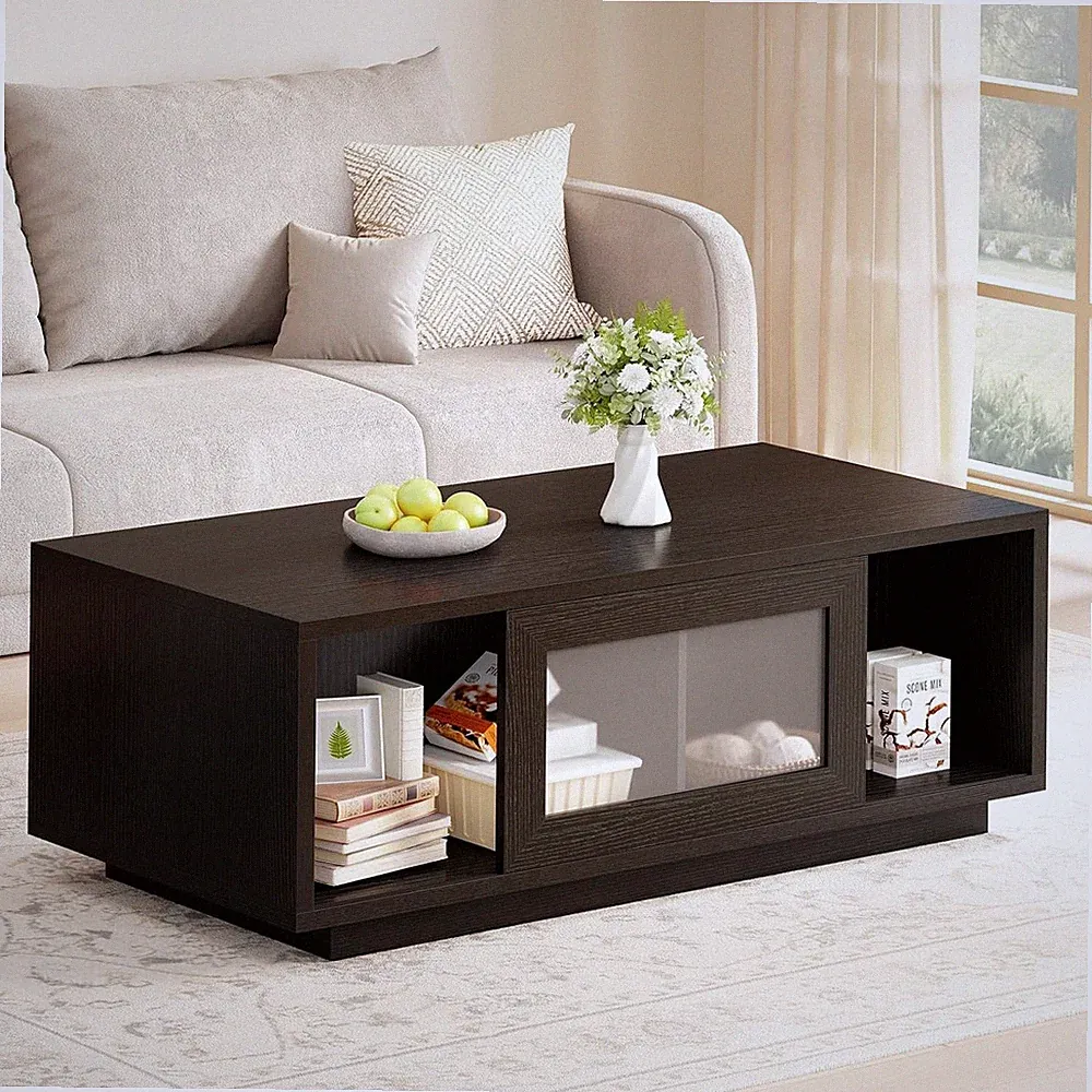 47 Inch Black Oak Coffee Table for Living Room W/ Storage