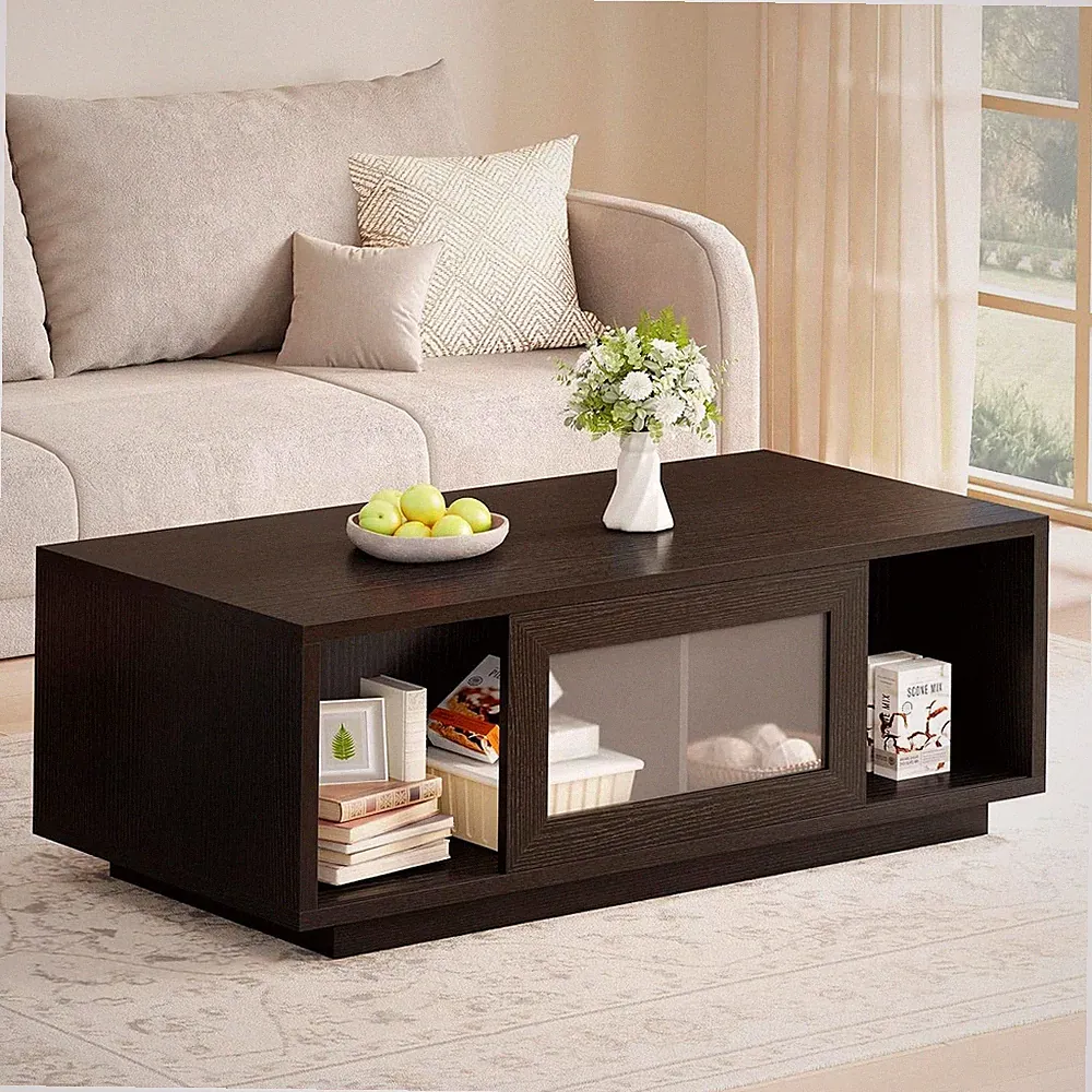 47 Inch Black Oak Coffee Table for Living Room with Storage