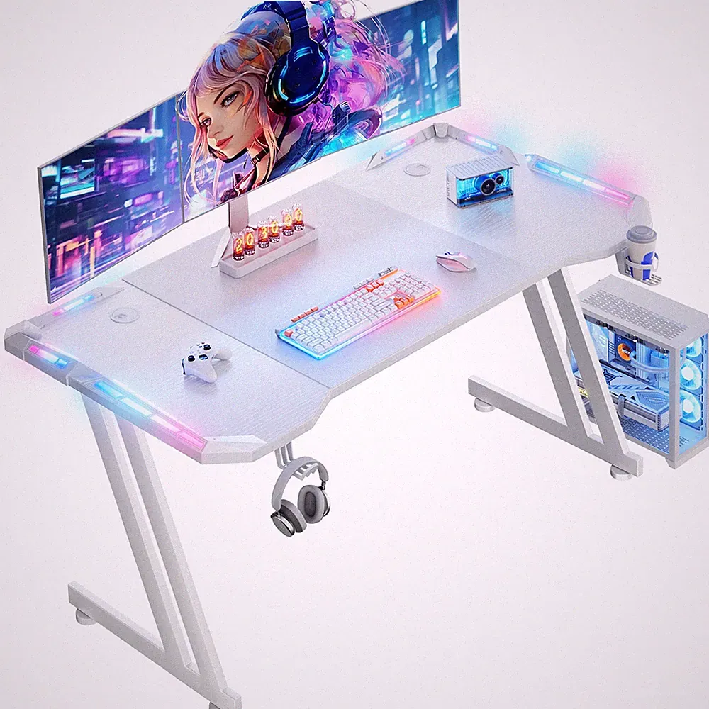 47 inch Gaming Desk with RGB LED, Ergonomic Gaming Table with Cup Holder, White