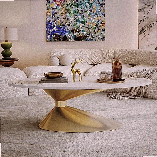 49.2" Oval Faux Marble Coffee Table with Gold Stainless Steel Base