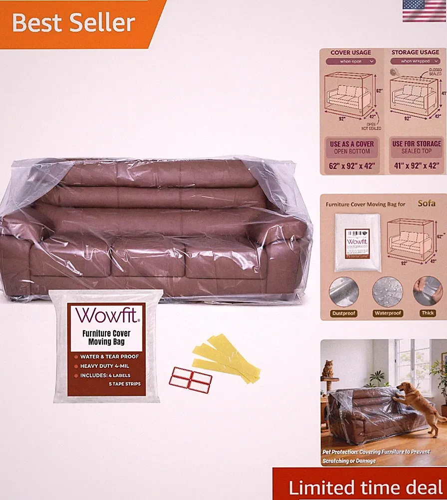 4mil Couch Cover for Moving, Clear Sofa Storage Bag, 92Wx42Dx62/41H | With Ta...