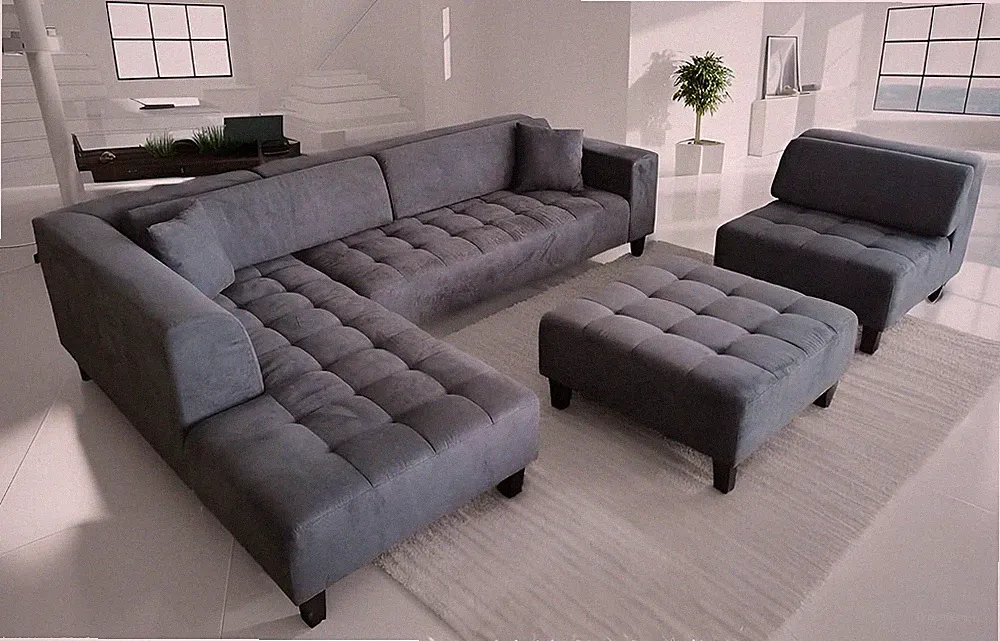 4Pc 117" to 153" Upholstered Modern Dark Gray Microfiber Sectional Couch Sofa Ch