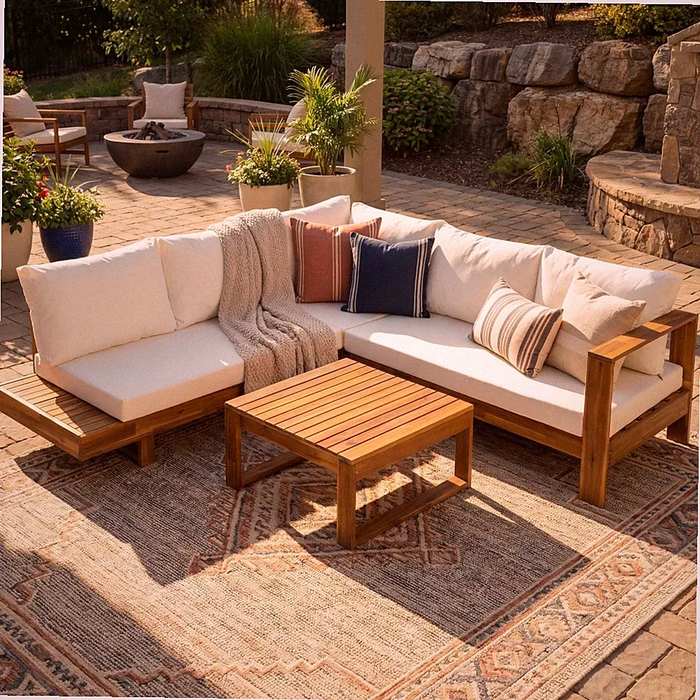4PC Acacia Wood Sectional Outdoor Sofa Set w/ Teak & Cream Waterproof Fabric
