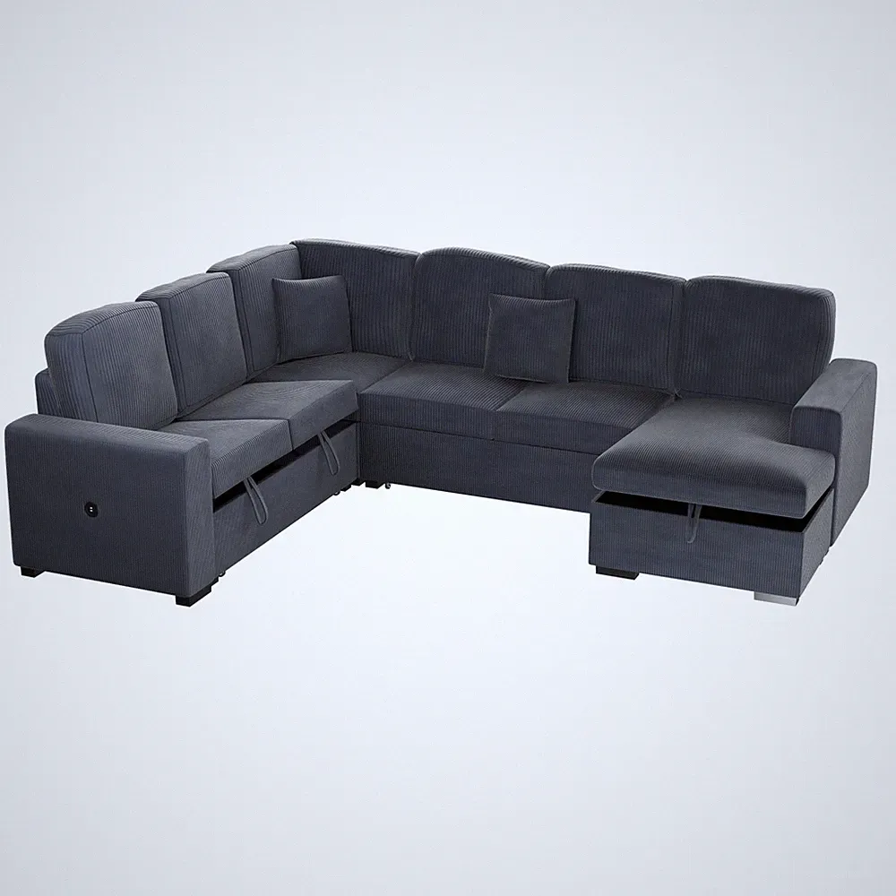 4pc Convertible Sectional Storage Sleeper Sofa USB Port Dark Gray