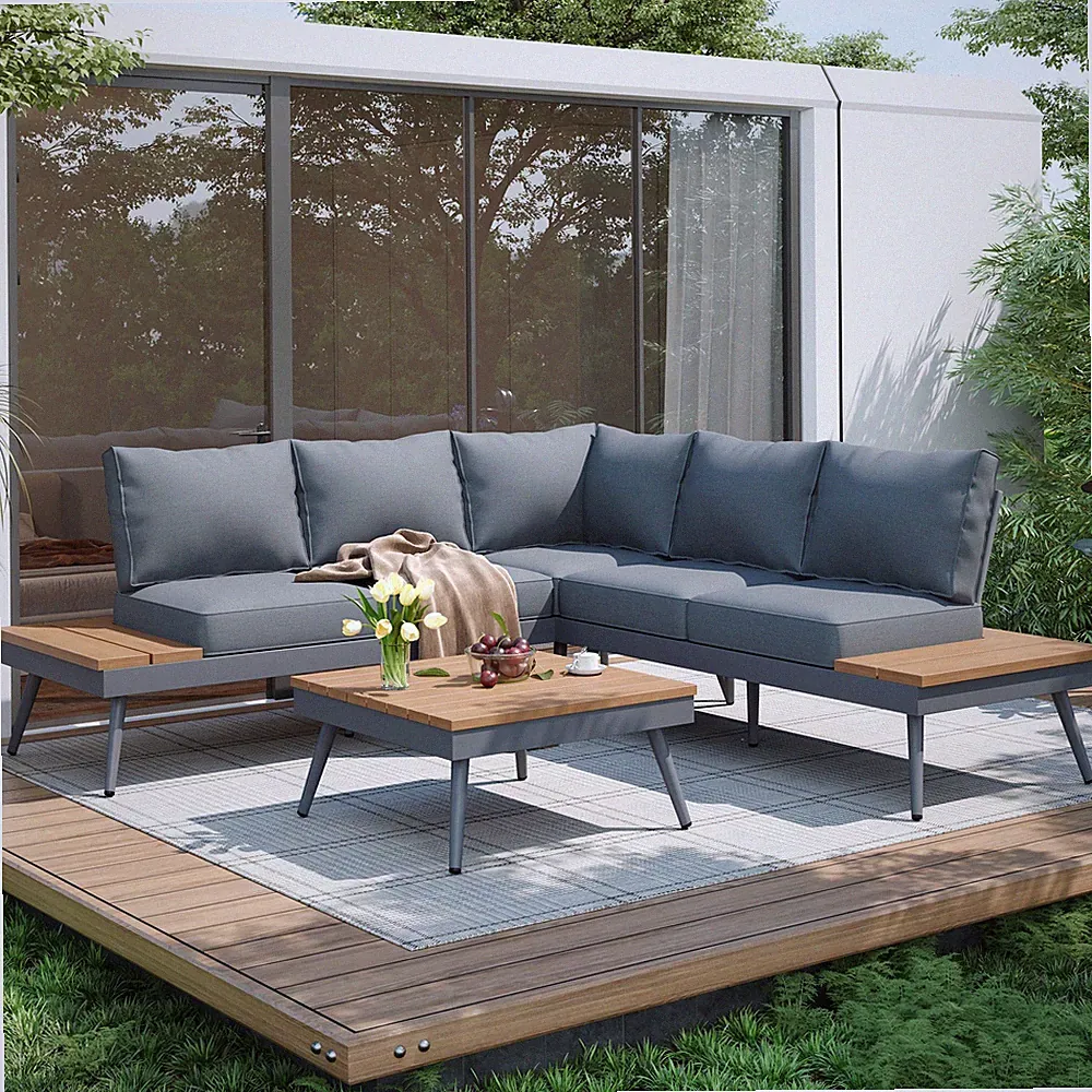 4PC Outdoor Aluminum Patio Sofa Set V Shape Sectional Gray Cushions