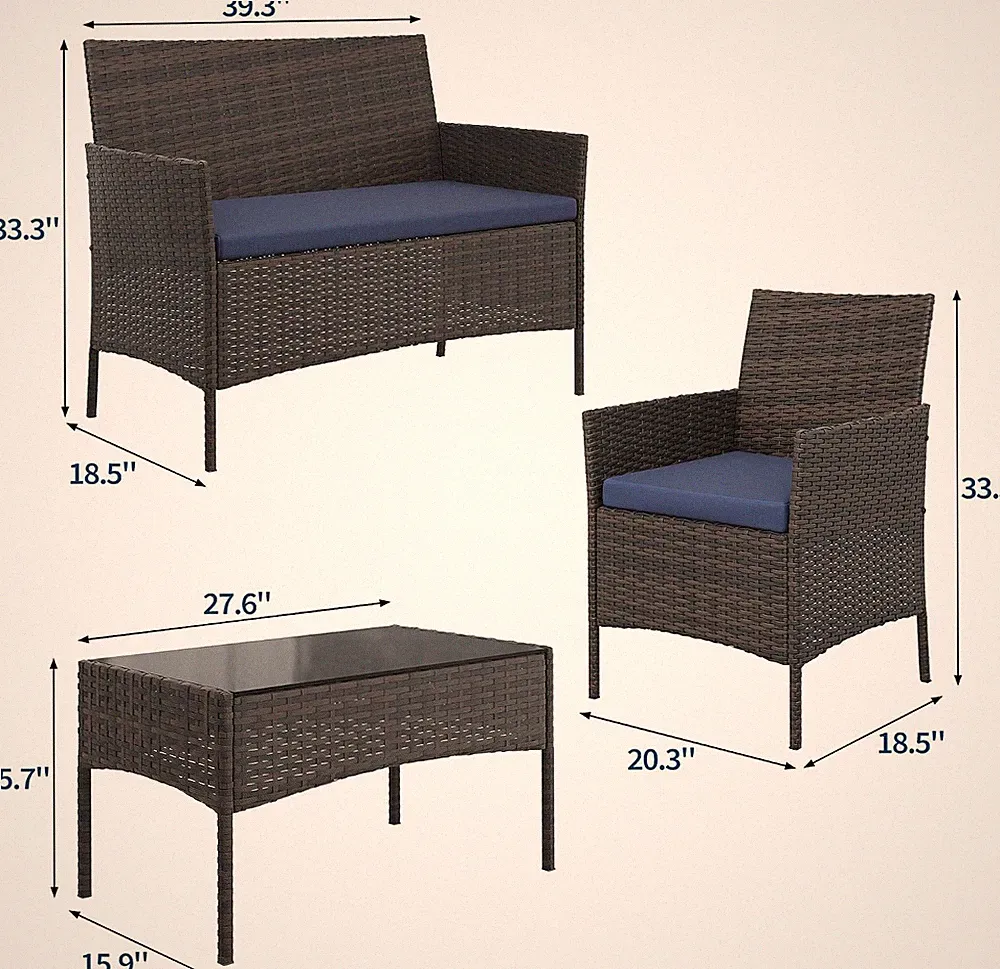 4pc Patio Furniture Set Outdoor Sectional Sofa Rattan Wicker Sofa w/ Glass Table