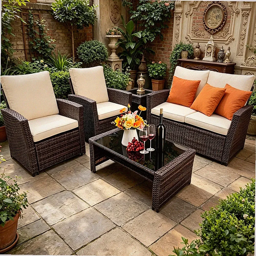 4PC Patio Furniture Set Outdoor Sectional Sofa W/Coffee Table & Cushion For Yard