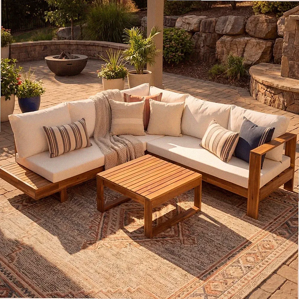 4PCS Acacia Wood Outdoor Patio Sectional Sofa Set W/Cream Cushions &Coffee Table