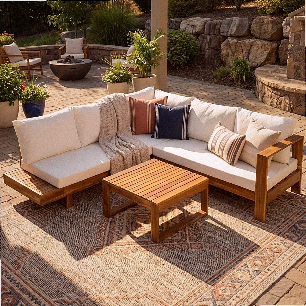 4PCS Acacia Wood Patio Sectional Sofa Set - Outdoor Garden/Deck Furniture