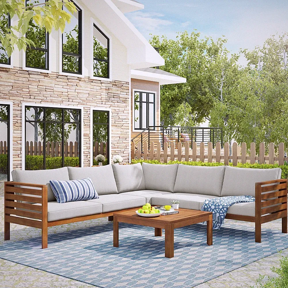 4PCS Acacia Wood Patio Sectional Sofa Set w/UV Protected Cushions & Coffee Table
