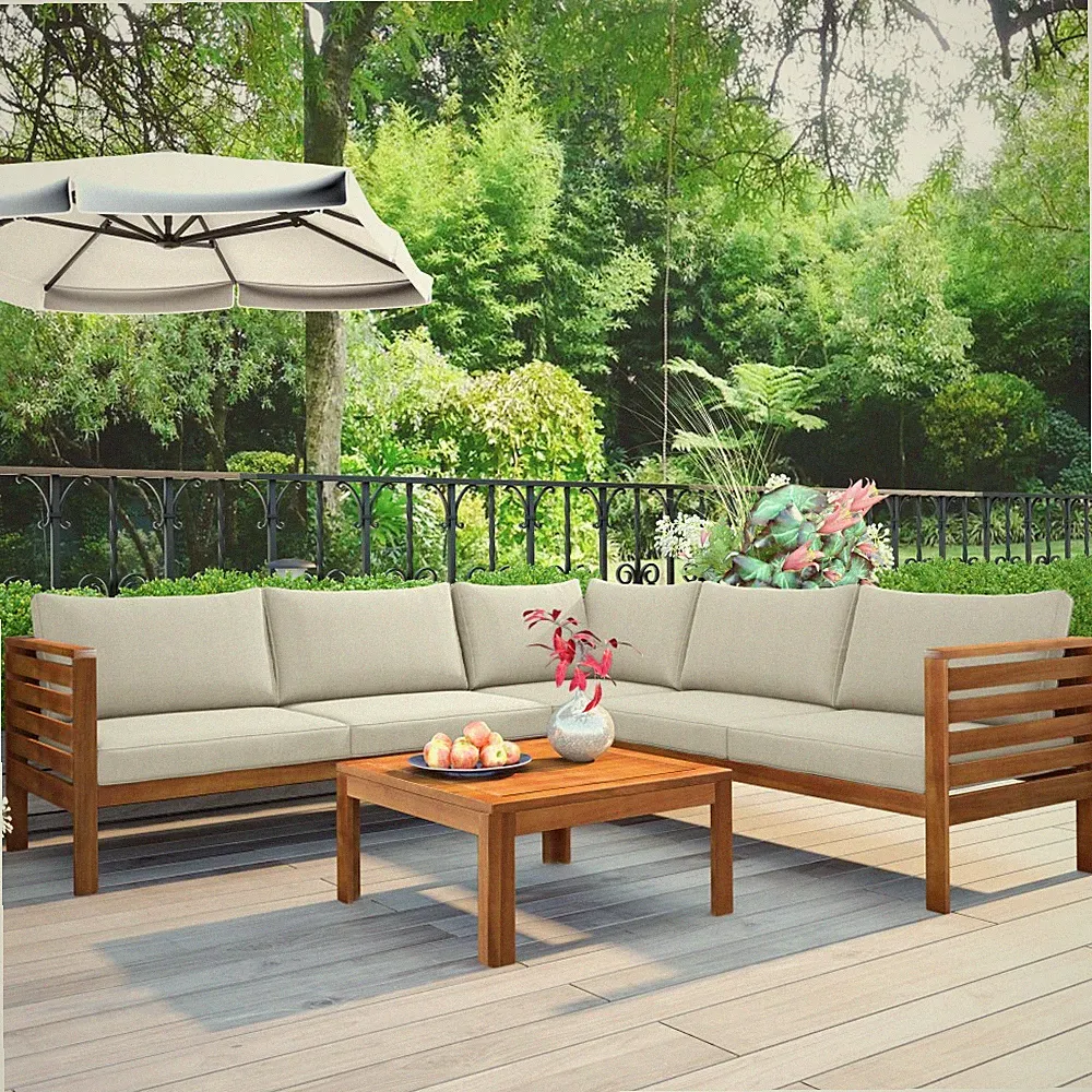 4PCS Acacia Wood Patio Sectional Sofa Set w/UV Protected Cushions & Coffee Table